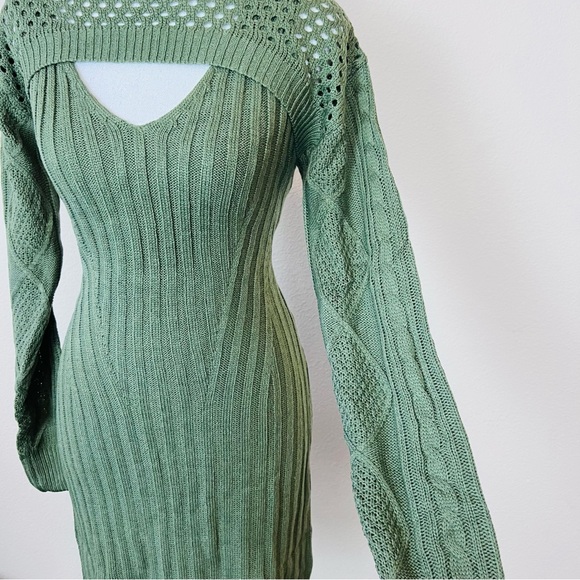 NWT Olive Green Knit Cable Sweater Long Sleeve Cut Out Bolero Mini Dress - Picture 7 of 12